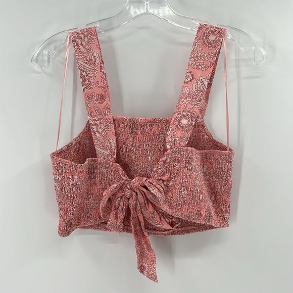 House of Harlow 1960 Smocked Tie Back Crop Top - Pink Paisley Floral - Medium - Picture 4 of 4